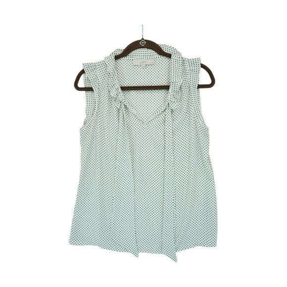 LOFT Black Beige Dot Print Tie‎ Neck Bow Sleeveless Blouse Top Size MP Petites - Picture 1 of 4